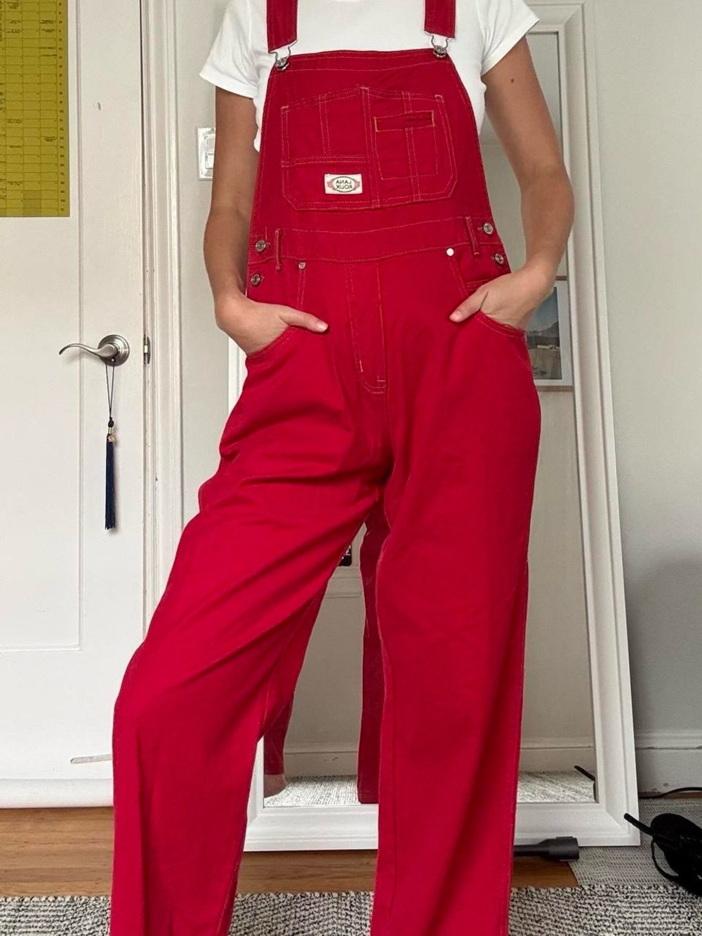 Red Women's Cotton Overalls - Casual Wide-Leg Dungarees